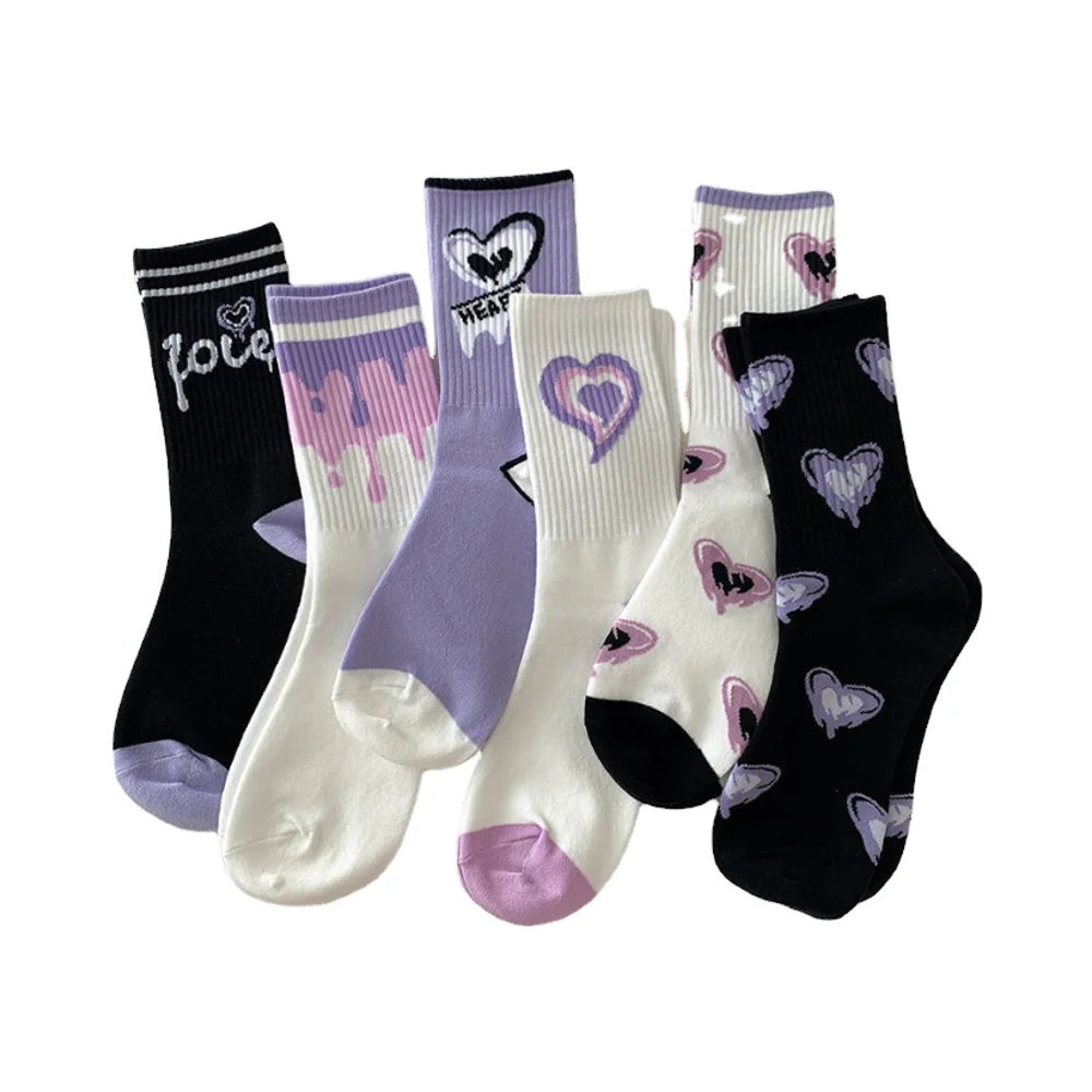 H7e72c3d6c62f4b55898743e29f167a3bS.webp Autumn Winter Men's Women's Casual Socks Breathable Pure Cotton Medium Tube Warm Striped White Purple Love Graffiti Bottom - Image 1