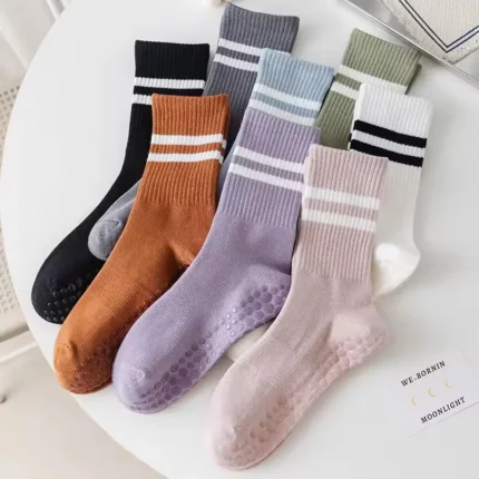 OEM Custom Logo Gripper Socks High-Quality Striped Cotton Nylon Crew Socks for Girls, Non-Slip for Yoga, Pilates & Dance